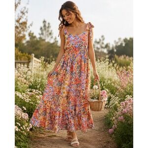 Sadie & Sage Floral Tiered Midi Dress Cottagecore Boho NWT Size L